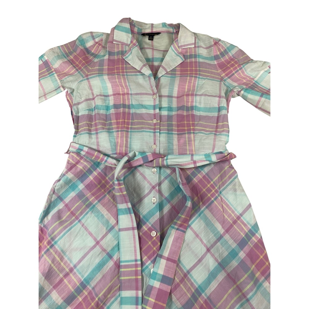 Brooks Brothers Pastel Plaid Shirt Dress Short Sleeve Belted Midi Pink Blue 6